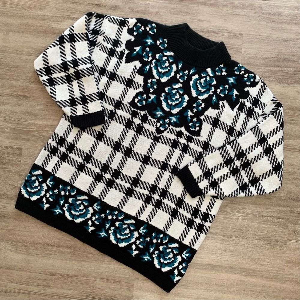 Vintage 80s Floral Plaid Sweater Retro Cottagecore L